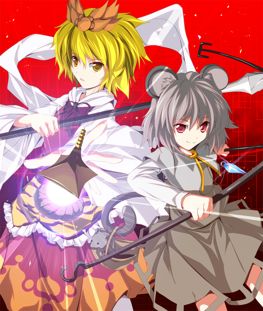 2girls basket blonde_hair grey_hair hair_ornament jeweled_pagoda jewelry mouse mouse_ears mouse_tail nazrin pendant polearm red_eyes shawl short_hair spear tail toramaru_shou touhou weapon yellow_eyes zb