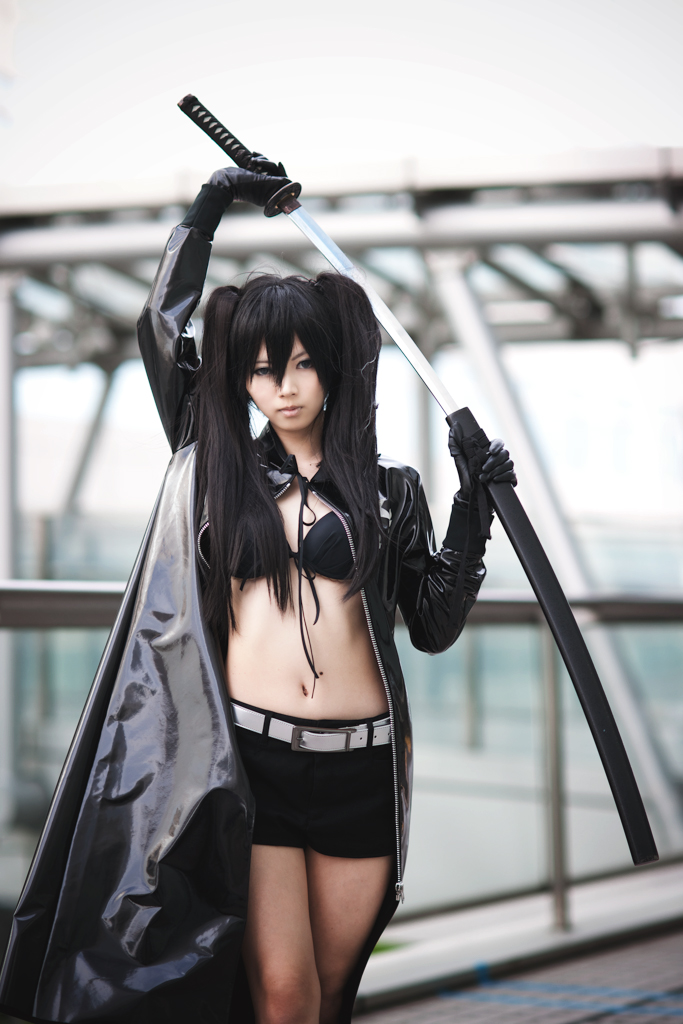 bikini_top black_hair black_rock_shooter cosplay katana long_hair short_shorts shorts sword trenchcoat