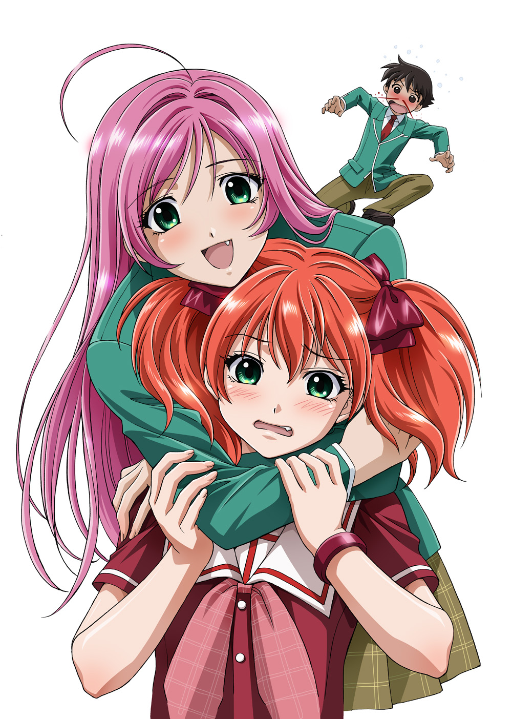 akashiya_moka aono_tsukune blood fang green_eyes highres long_hair nosebleed open_mouth pink_hair rosario+vampire shuzen_kokoa twintails