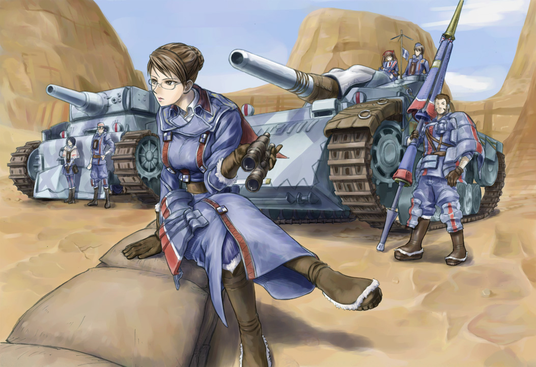 binoculars boots caterpillar_tracks crossed_legs edelweiss_(senjou_no_valkyria) eleanor_varrot glasses isara_gunther lance largo_potter military military_vehicle morisu polearm sandbag senjou_no_valkyria senjou_no_valkyria_1 shamrock_(senjou_no_valkyria) sitting tank vehicle weapon welkin_gunther zaka