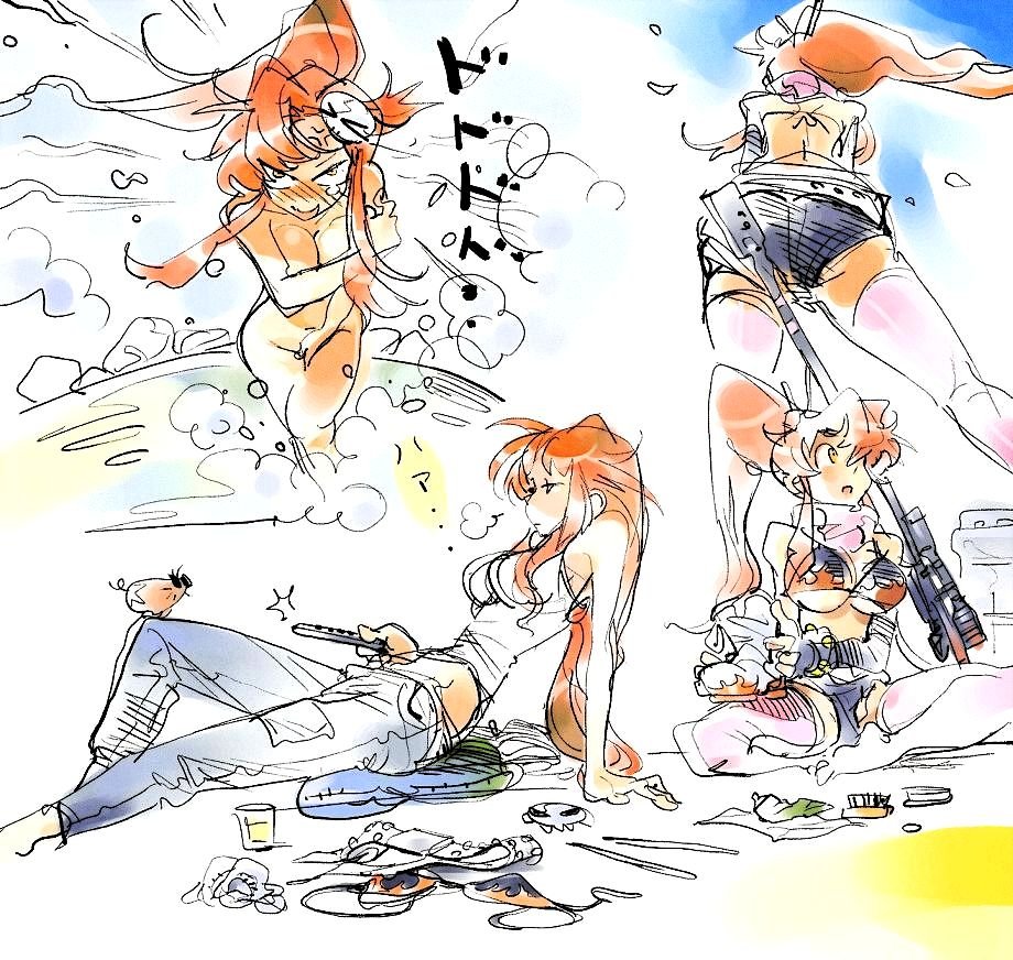 ass bikini_top blush boota breasts covering dabosu gun hair_ornament hairclip jeans nude red_hair redhead rifle shorts sketch sniper_rifle tank_top tengen_toppa_gurren_lagann thighhighs traditional_media watercolor_(medium) weapon yoko_littner yoko_ritona