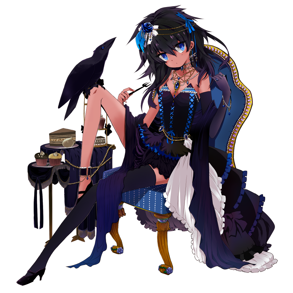 bare_shoulders bird bird_on_leg black_hair blue_eyes bracelet cake chair crow cupcake dress earrings elbow_gloves food fork gloves high_heels jewelry long_hair mizushirazu necklace original pastry ring shoes single_glove single_thighhigh solo table thigh-highs thighhighs