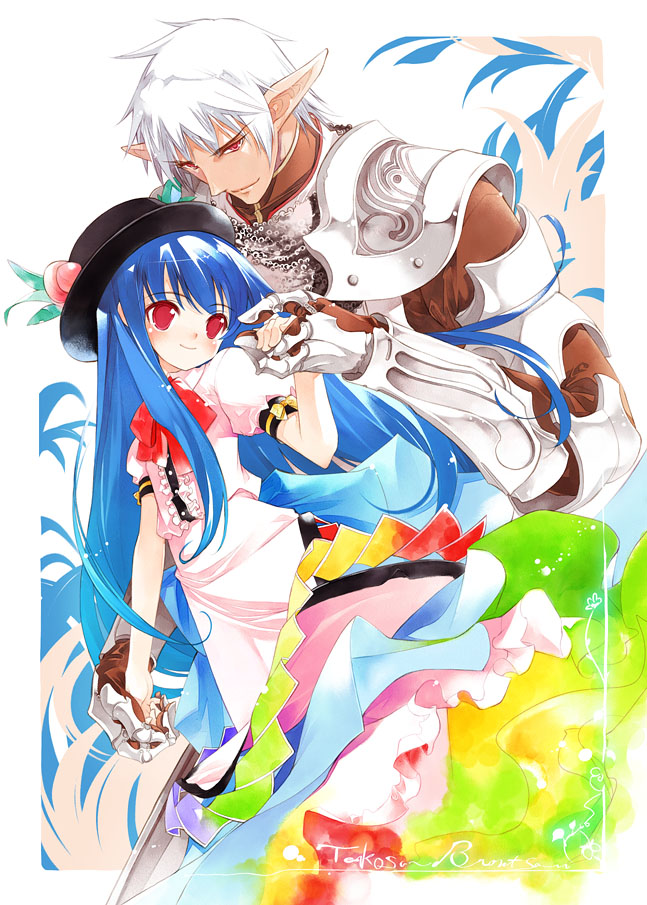 blue_hair buront crossover elf elvaan final_fantasy final_fantasy_xi food fruit gauntlets hat hinanawi_tenshi long_hair m.u.g.e.n mugen_(game) peach pointy_ears red_eyes ribbon smile sumi_keiichi the_legend_of_gluttony touhou