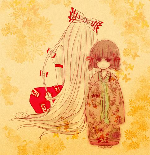 back blush_stickers brown_hair butterfly chiri_(o9o9) flower fujiwara_no_mokou hair_ribbon hieda_no_akyuu japanese_clothes long_hair lowres multiple_girls red_eyes ribbon rose sad short_hair silver_hair sitting touhou