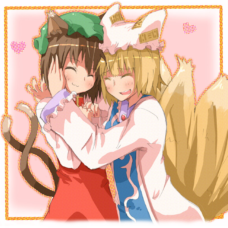 :3 animal_ears blush cat_ears cat_tail chen closed_eyes face-to-face face_to_face fox_tail h@ll happy hat hug multiple_girls multiple_tails short_hair smile tail touhou yakumo_ran