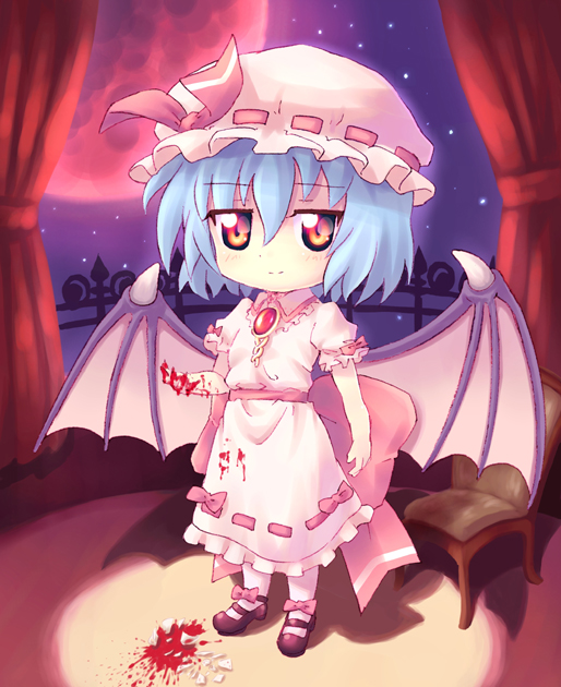 blood blue_hair bow broken chair chibi cup curtains hat mary_janes moon night night_sky orange_eyes orita_enpitsu red_eyes red_moon remilia_scarlet shoes short_hair sky stain standing teacup touhou wings