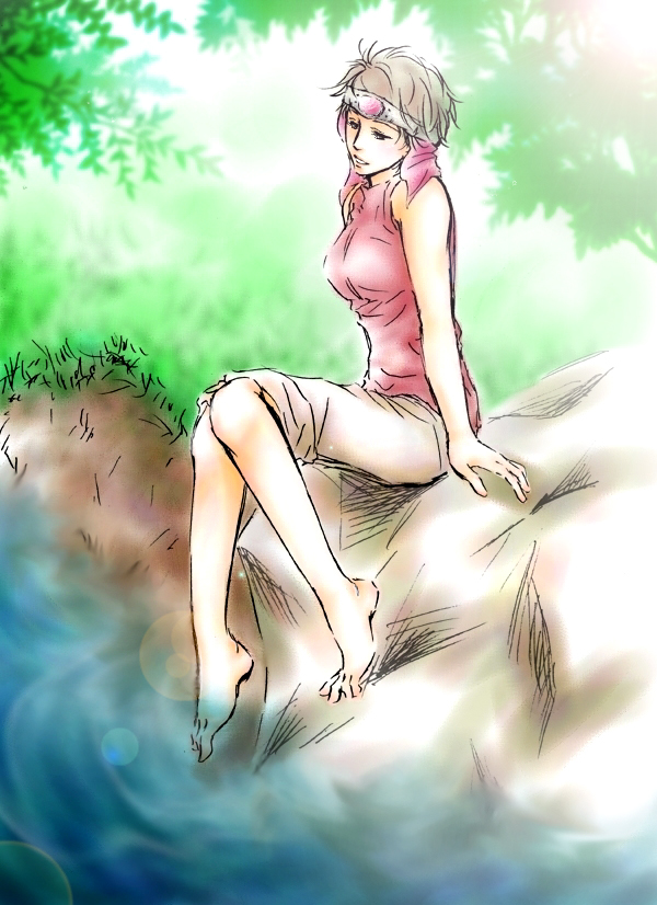 breasts brown_hair circlet cleo feet forest gensou_suikoden grass hands lake large_breasts outside river short_hair sketch smile solo suikoden suikoden_i tank_top toe_spread toes water