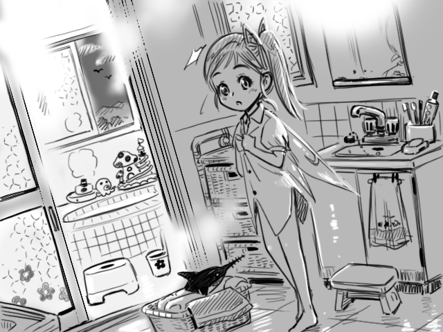 bathroom bottomless child daiyousei dress_shirt gensokoumuten gensoukoumuten grey monochrome naked_shirt octopus ponytail sawfish shirt short_hair side_ponytail touhou undressing wings