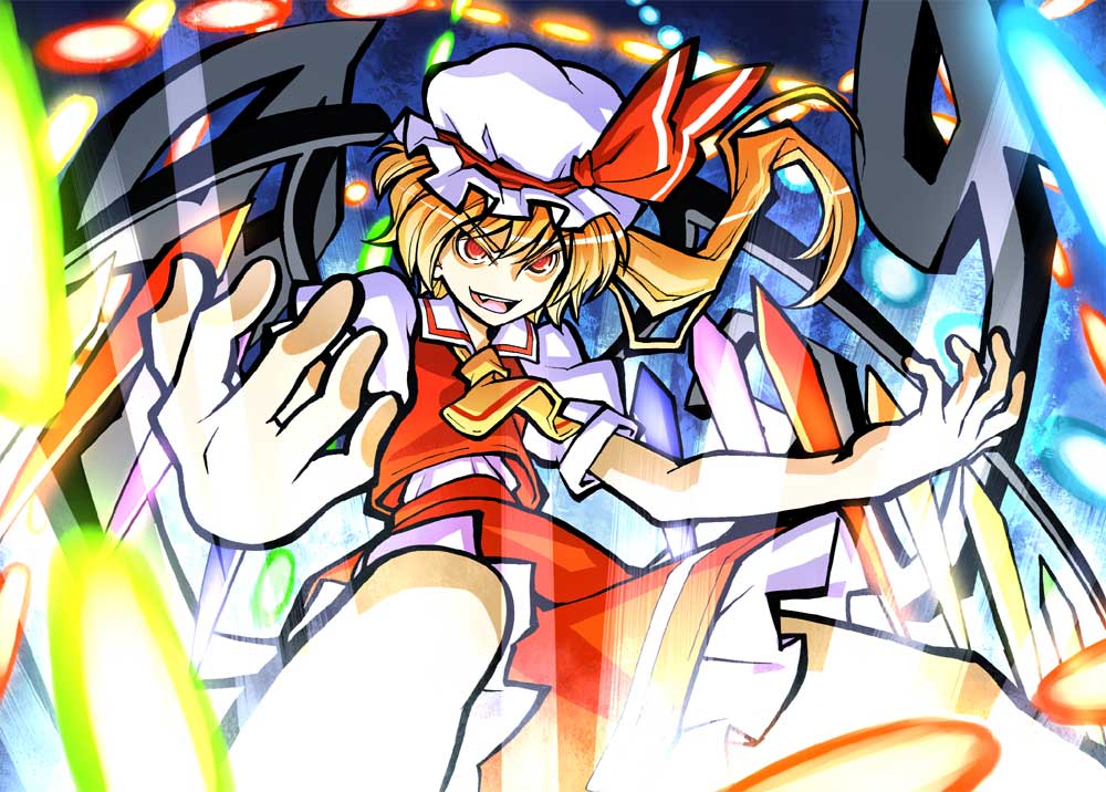 danmaku fang flandre_scarlet hat ponytail pose red_eyes sakino_shingetsu short_hair side_ponytail touhou wings