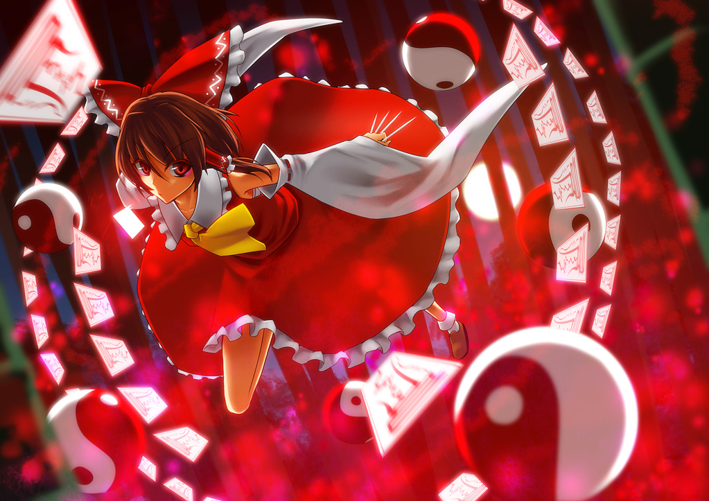 brown_hair detached_sleeves din_(artist) din_(flypaper) hakurei_reimu red_eyes short_hair touhou