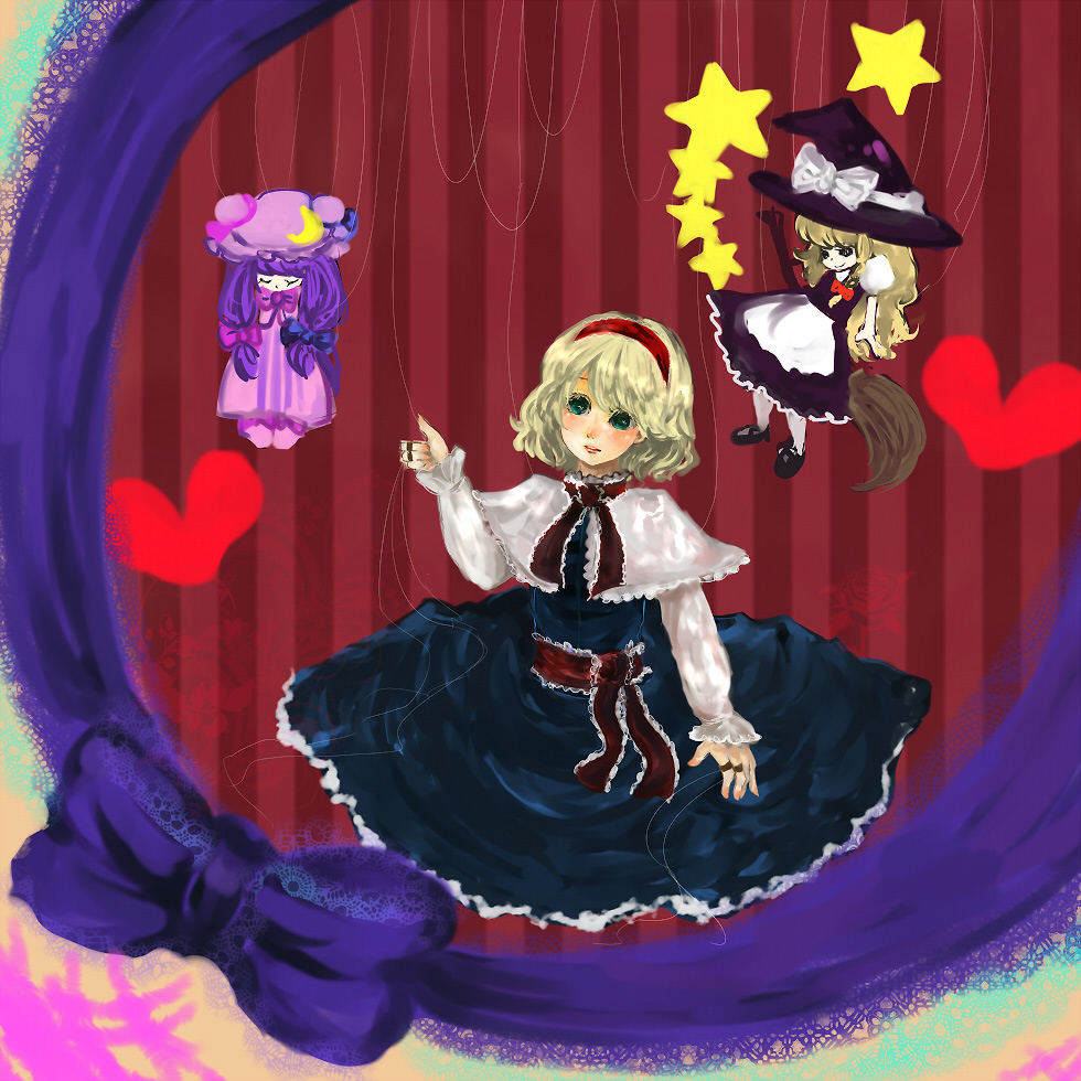 alice_margatroid apron blonde_hair bow broom capelet character_doll chiri_(o9o9) closed_eyes doll dress flower green_eyes hair_bow hair_ribbon hairband hanging hat heart kirisame_marisa long_hair long_sleeves looking_up patchouli_knowledge purple_hair ribbon rose short_hair smile solo star string touhou witch witch_hat