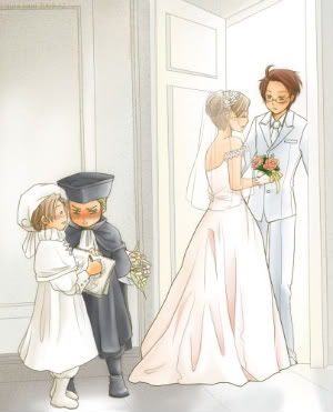 3boys =_= austria_(hetalia) axis_powers_hetalia blonde_hair blue_eyes blush boots bouquet brown_hair bun chibitalia_(hetalia) children cross door flower glasses hair_bun hat holy_roman_empire_(hetalia) hungary_(hetalia) northern_italy_(hetalia) tuxedo veil wedding wedding_dress white_dress young