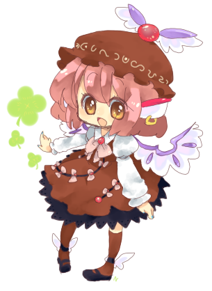 bad_id bow chibi clover dress earrings four-leaf_clover hair_bow happy hat jewelry kneehighs long_sleeves lowres mary_janes mystia_lorelei n open_mouth pink_hair ribbon shoes short_hair simple_background socks solo touhou winged_shoes wings yellow_eyes