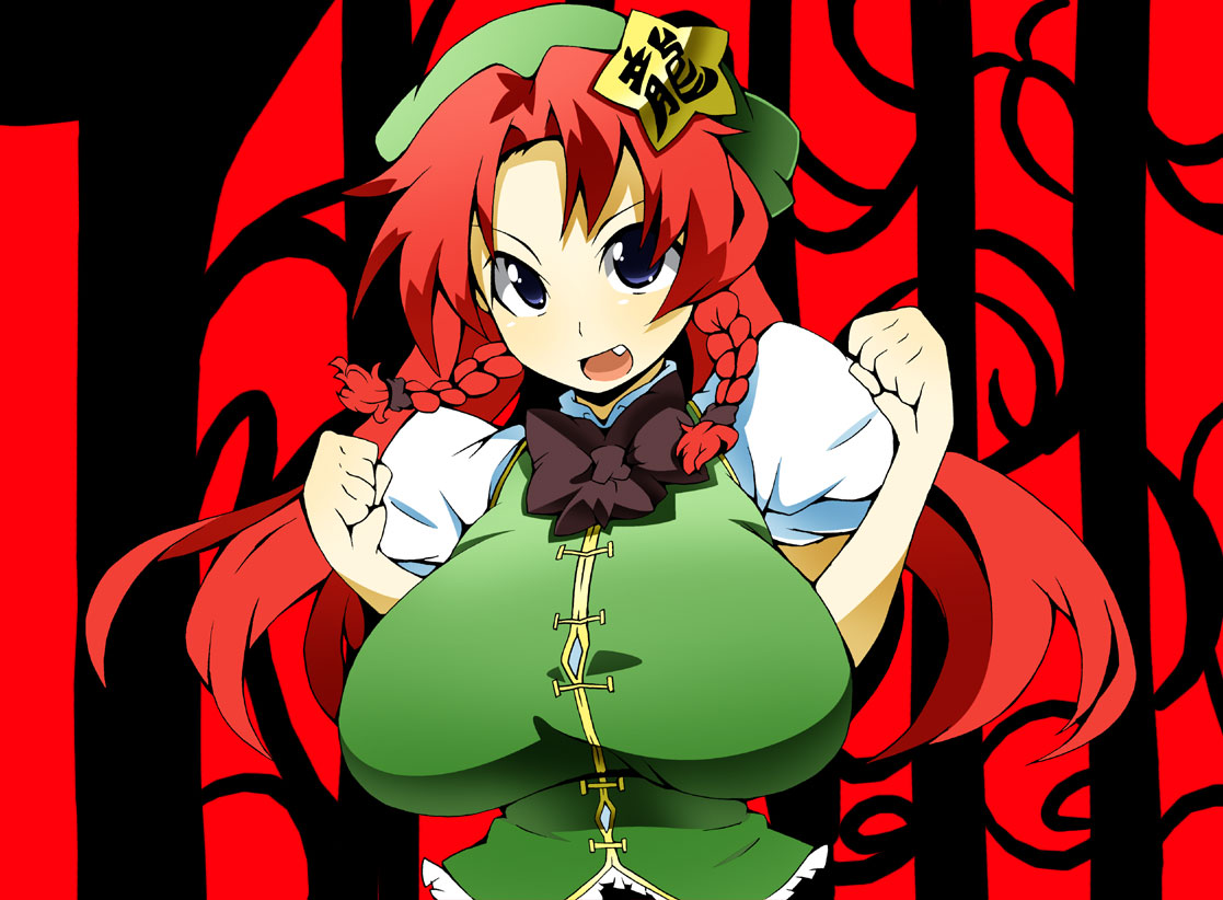 blue_eyes braid breasts china_dress chinadress chinese_clothes hat hong_meiling huge_breasts long_hair red_hair redhead solo toudori touhou twin_braids