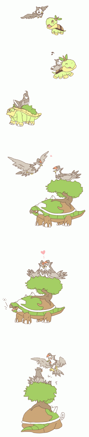 brown_eyes closed_eyes evolution green_eyes grotle heart highres musical_note nest nintendo no_humans open_mouth penta5 pokemon pokemon_(game) pokemon_dppt red_eyes silent_comic simple_background sleeping smile staraptor staravia starly torterra tree turtwig