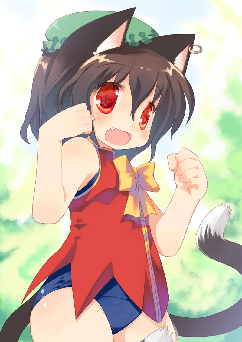 1girl bare_shoulders bow brown_hair cat_ears chen earrings fang hat jewelry open_mouth red_eyes short_hair solo swimsuit swimsuit_under_clothes tail thighs toba_hiyoko touhou younger