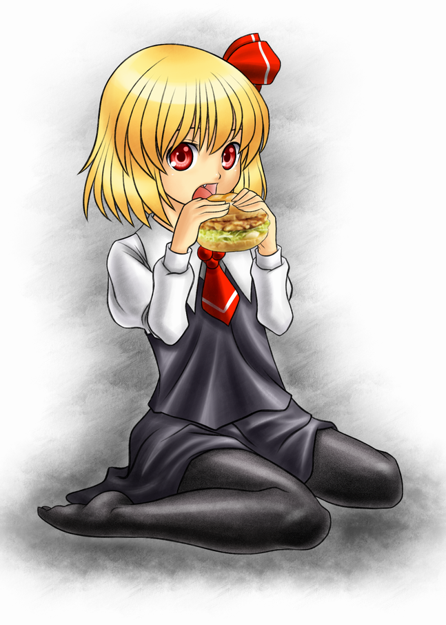 blonde_hair eating fang five-seven food hair_ribbon open_mouth pantyhose red_eyes ribbon rumia sandwich short_hair solo touhou