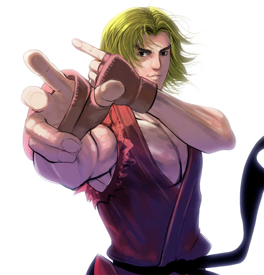 1boy blonde_hair dougi eyebrows fingerless_gloves gloves ken_masters masao muscle pectorals sleeveless solo street_fighter thick_eyebrows