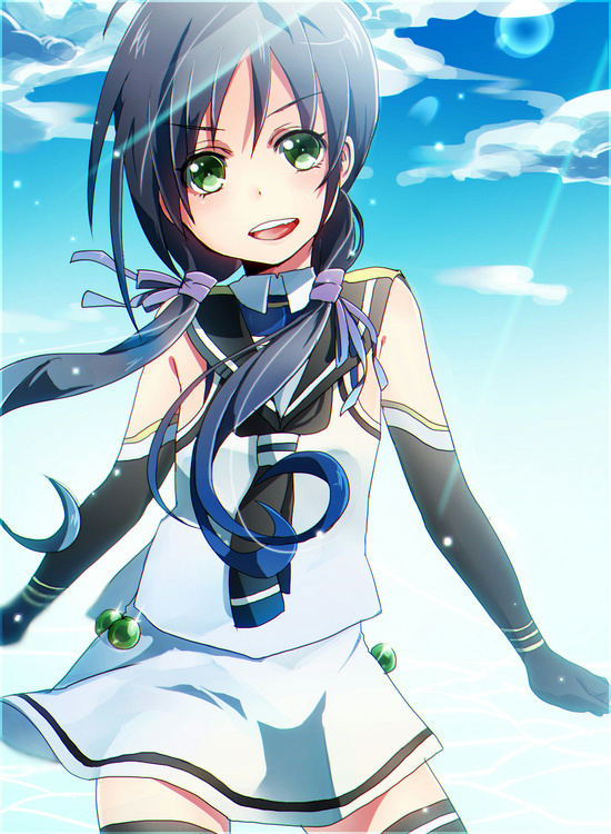 1girl black_hair elbow_gloves gloves green_eyes kantai_collection kirito_(tundereyuina) long_hair low_twintails open_mouth personification school_uniform sky smile solo suzukaze_(kantai_collection) thighhighs twintails