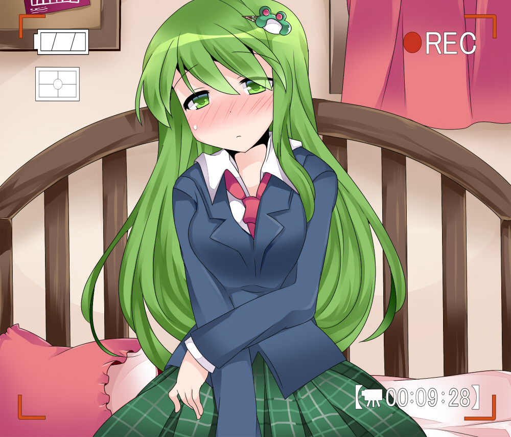 1girl bed blazer blush commentary_request contemporary dress_shirt frog_hair_ornament green_eyes green_hair hair_ornament hair_ribbon hammer_(sunset_beach) kochiya_sanae looking_at_viewer necktie pillow plaid plaid_skirt ribbon shirt sitting sitting_on_bed skirt solo touhou viewfinder