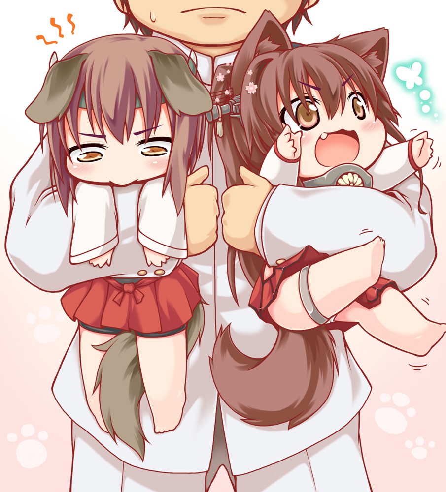 1boy 2girls admiral_(kantai_collection) animal_ears antennae barefoot brown_eyes brown_hair butterfly carrying child dog_ears fan fang flower hair_flower hair_ornament kantai_collection kemonomimi_mode kuroneko_liger long_sleeves military military_uniform multiple_girls open_mouth pants paw_print personification shirt skirt taihou_(kantai_collection) uniform yamato_(kantai_collection) young