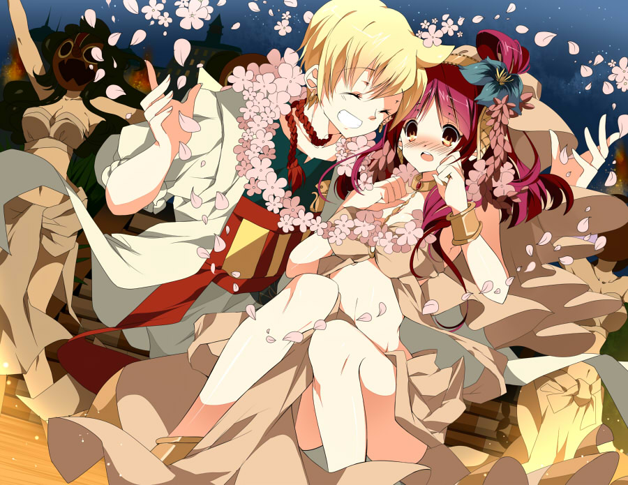 1boy 1girl ali_baba_saluja ankle_cuffs anklet barefoot blonde_hair blush dancer dress flower hair_flower hair_ornament harem_outfit jewelry loyalists magi_the_labyrinth_of_magic morgiana navel redhead yellow_eyes
