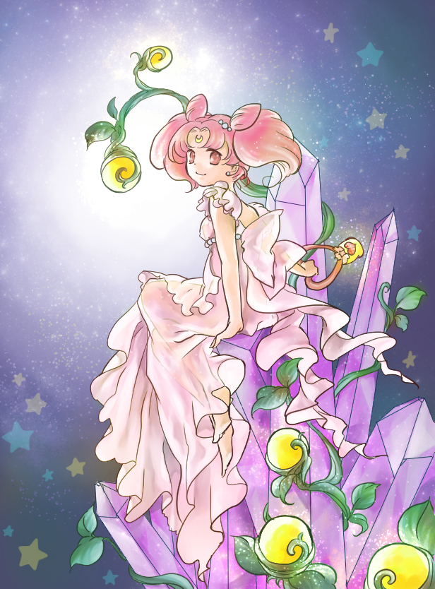 1girl barefoot bishoujo_senshi_sailor_moon bow chibi_usa crescent crystal crystal_carillon double_bun dress facial_mark forehead_mark looking_back pink_dress pink_eyes pink_hair short_hair sitting small_lady_serenity smile solo star starry_background sugieri twintails
