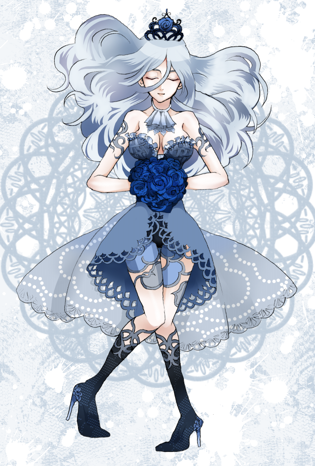 1girl bare_shoulders blue_hair boots bouquet breasts cleavage closed_eyes cravat dress flower high_heels kisara long_hair ninagawa_azura solo tiara yuu-gi-ou yuu-gi-ou_duel_monsters