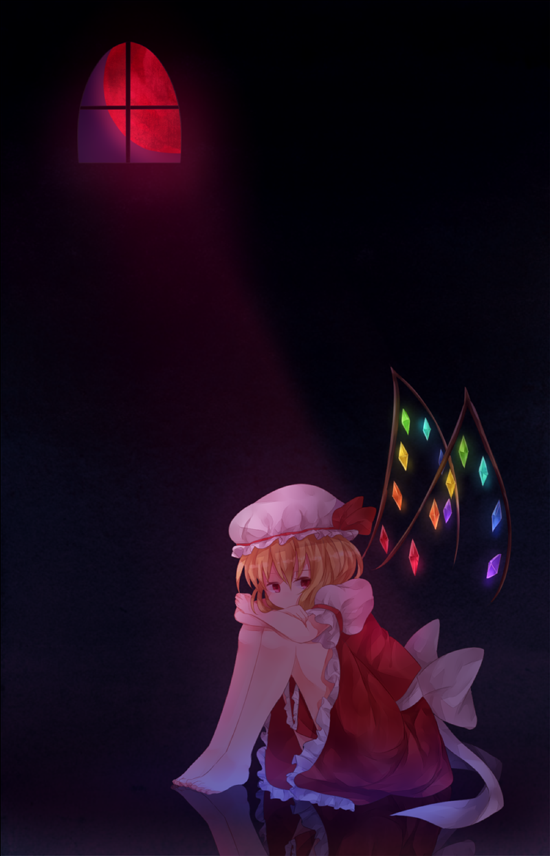 1girl barefoot blonde_hair blue_background bow covering_mouth flandre_scarlet hat hat_ribbon head_rest highres knees_to_chest leg_hug looking_at_viewer mipi mob_cap moon moonbeam moonlight puffy_short_sleeves puffy_sleeves red_eyes red_moon reflection reflective_floor ribbon short_hair short_sleeves simple_background skirt skirt_set solo touhou window wings