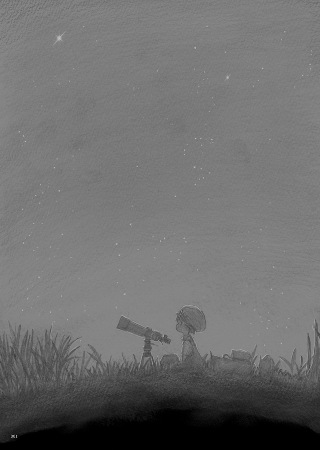 1girl backpack bag grass greyscale hat monochrome night original page_number sky solo star_(sky) starry_sky telescope tsukushi_akihito