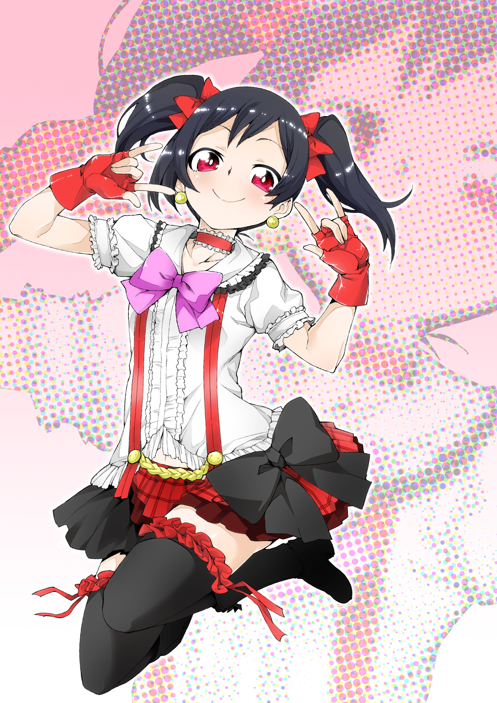 1girl \m/ akiduki_i_tsuki black_hair blush boots bow double_\m/ earrings fingerless_gloves gloves hair_bow highres jewelry jumping looking_at_viewer love_live!_school_idol_project red_eyes short_hair skirt smile solo thighhighs twintails yazawa_nico
