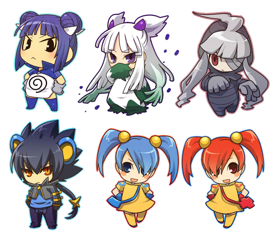 &gt;:&lt; :&lt; abomasnow ahoge animal_ears bandages black_hair blue_eyes blue_hair blush_stickers character_request chibi dress dusclops gloves gradient_hair grey_hair hair_ornament hands_in_pockets hands_on_hips hitec jacket looking_at_viewer luxray minun moemon multicolored_hair multiple_girls open_mouth outline personification plusle pokemon ponytail red_eyes redhead simple_background slit_pupils smile standing tagme thighhighs translation_request twintails violet_eyes white_background white_hair yellow_eyes