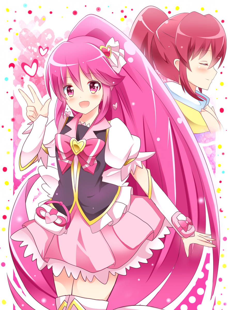 aino_megumi blush cure_lovely happinesscharge_precure! happy heart long_hair magical_girl multiple_persona open_mouth pink_eyes pink_hair ponytail ribbon thigh_highs