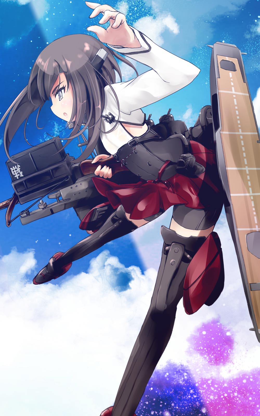 1girl bike_shorts blush bow_(weapon) brown_eyes brown_hair clouds crossbow flat_chest flying headband headgear highres kantai_collection ooka_(skavler) open_mouth personification pleated_skirt short_hair skirt sky solo taihou_(kantai_collection) thighhighs weapon