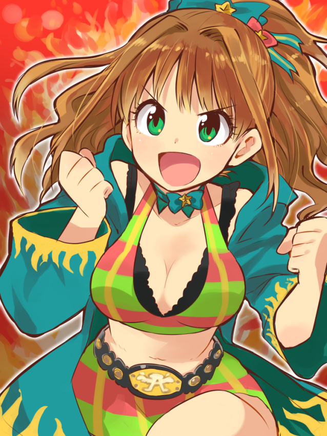 1girl belt bow bowtie brown_hair clenched_hands coat flame green_eyes hair_bow high_ponytail hino_akane_(idolmaster) idolmaster idolmaster_cinderella_girls long_hair midriff navel otoutogimi shirt solo star striped striped_legwear striped_shirt