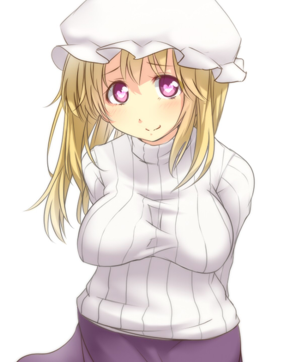 1girl arms_behind_back blonde_hair breasts hat heart heart-shaped_pupils impossible_clothes impossible_sweater looking_at_viewer maribel_hearn ribbed_sweater skirt smile solo sweater symbol-shaped_pupils tori_(minamopa) touhou turtleneck turtleneck_sweater violet_eyes