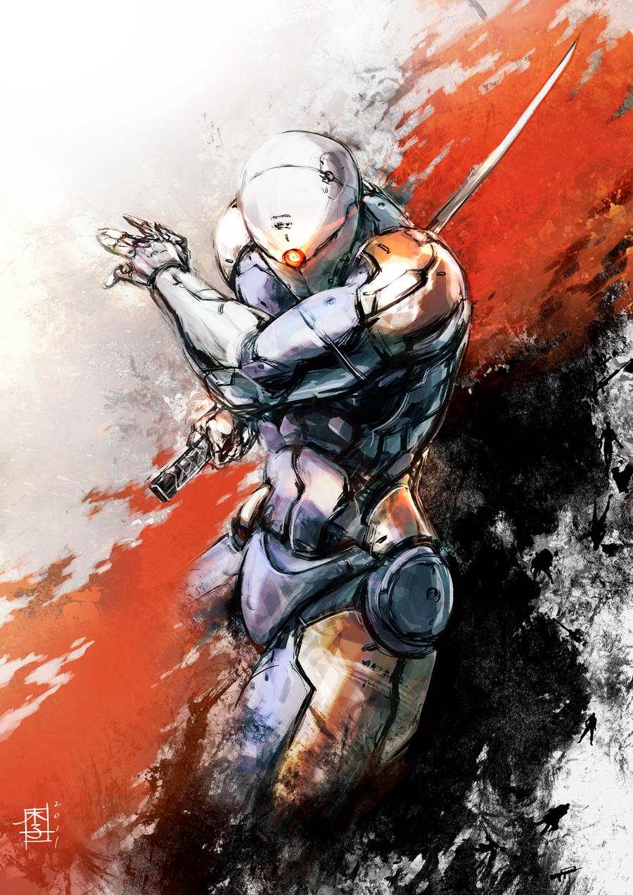 cropped_legs cyborg fighting_stance gray_fox helmet highres mar-c! metal_gear_solid one-eyed reverse_grip solo