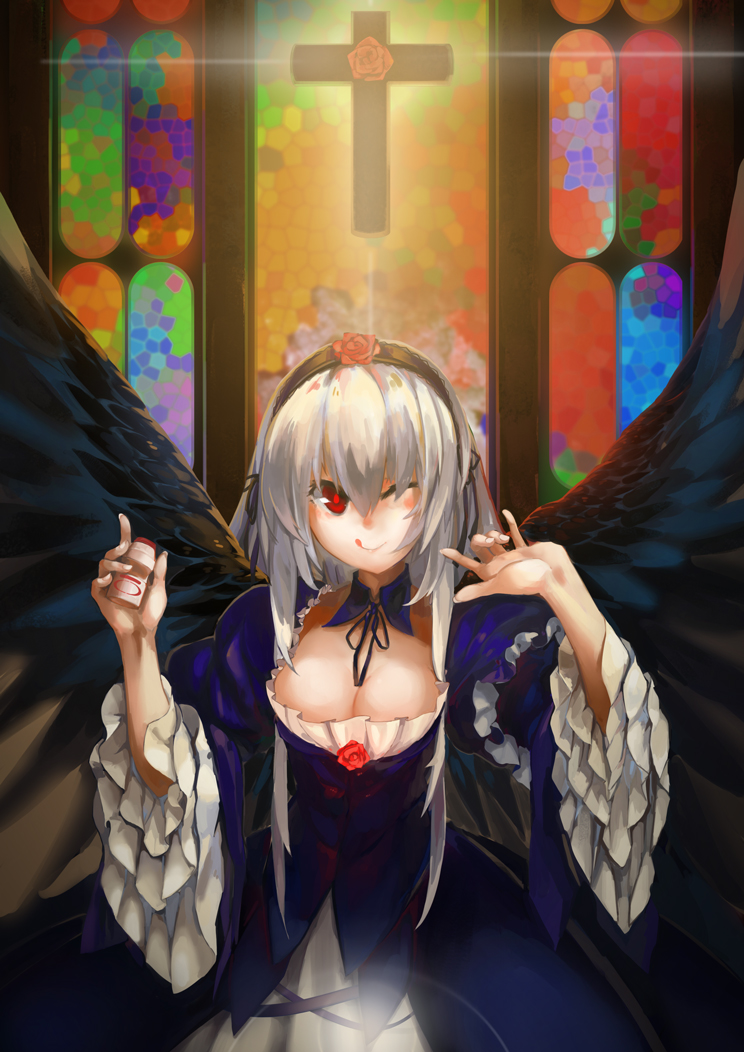 1girl :q breasts cleavage cross detached_collar dress flower frills gothic_lolita hairband lens_flare lolita_fashion lolita_hairband long_hair orokanahime red_eyes rose rozen_maiden silver_hair smile solo stained_glass suigintou tongue wings wink yakult