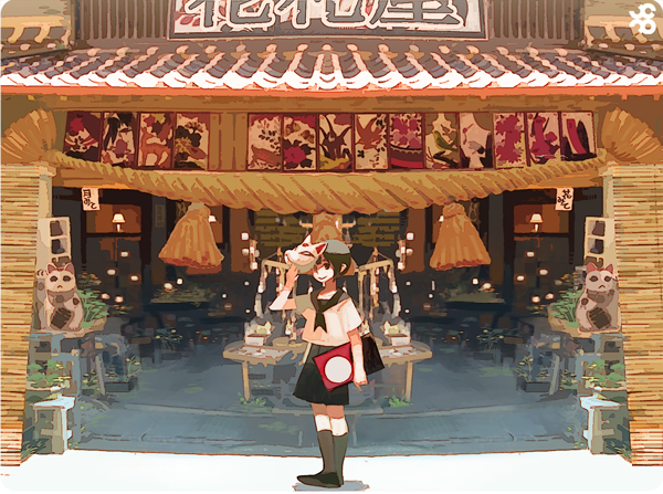 1girl bonsai female fox_mask maneki-neko mask nono_(tagazumi) original scenery school_uniform serafuku storefront