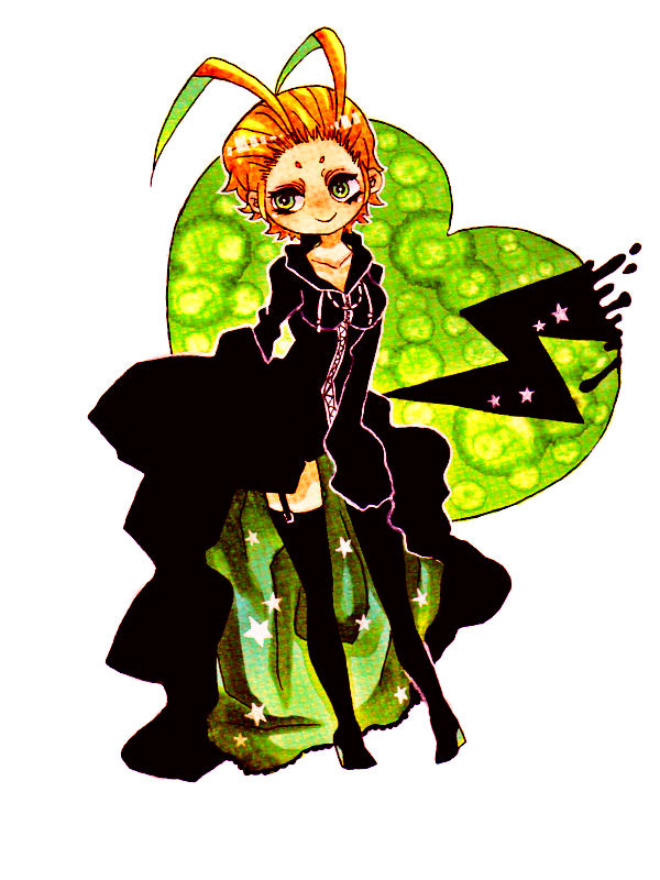 1girl antenna_hair b-number04 blonde_hair boots cloak green_eyes kingdom_hearts larxene sleeves_past_wrists solo