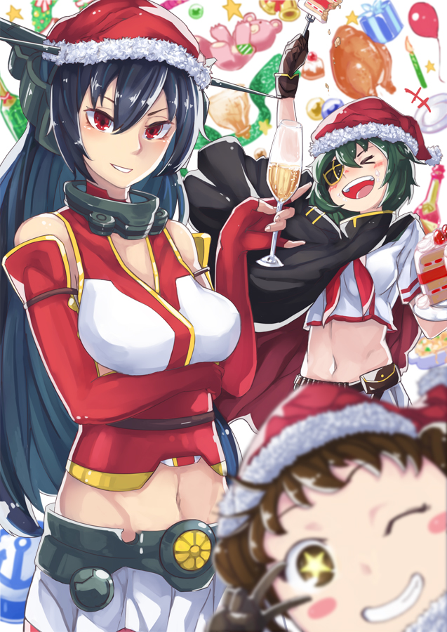 +_+ 3girls alcohol arm_up bare_shoulders black_hair blush breasts brown_eyes brown_hair cake cape champagne christmas double_bun elbow_gloves eyepatch fingerless_gloves food glass gloves green_hair grin hat kantai_collection kiso_(kantai_collection) long_hair looking_at_viewer midriff multiple_girls nagato_(kantai_collection) naka_(kantai_collection) navel open_mouth personification pinky_out plate red_eyes school_uniform serafuku short_hair skirt smile sweatdrop turkey wink yumoteliuce