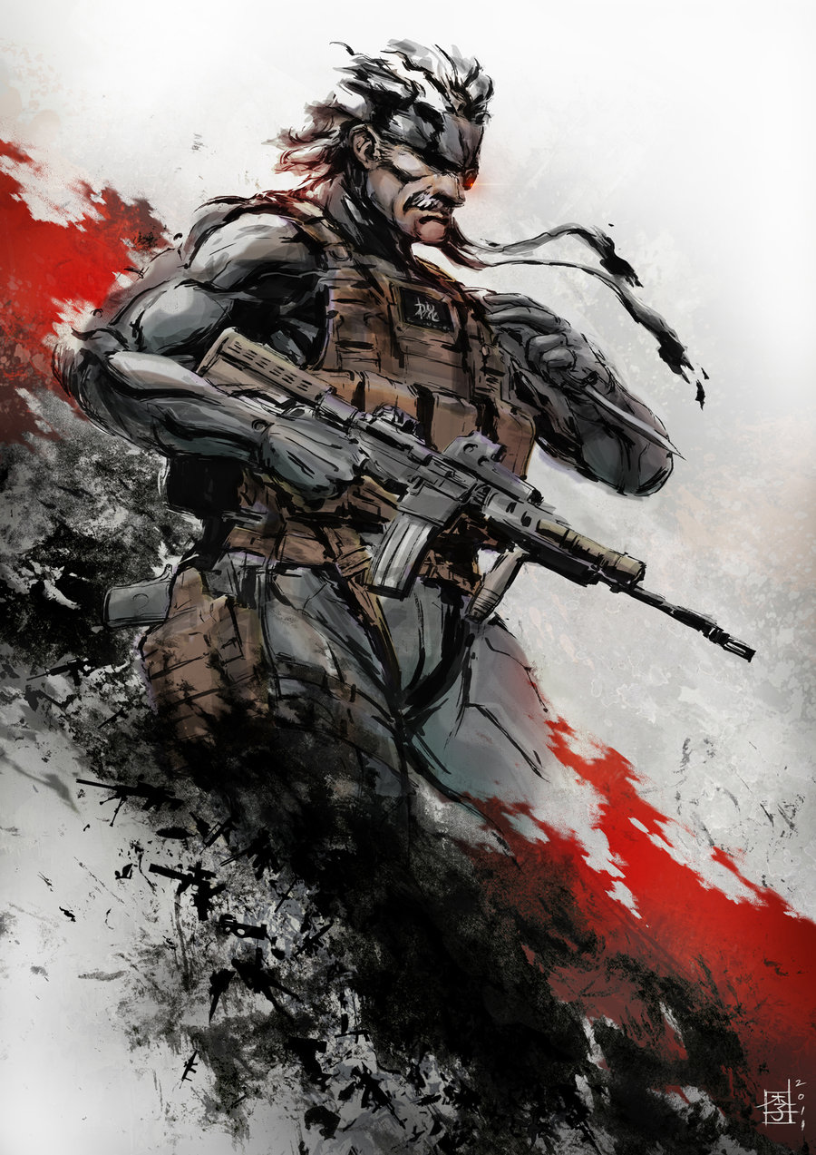 1boy assault_rifle bodysuit cqc cropped_legs dual_wielding eyepatch facial_hair gun headband highres holster knife load_bearing_vest m16 mar-c! metal_gear_solid_4 mustache old_snake pistol reverse_grip rifle sneaking_suit solid_snake solo trigger_discipline weapon white_hair