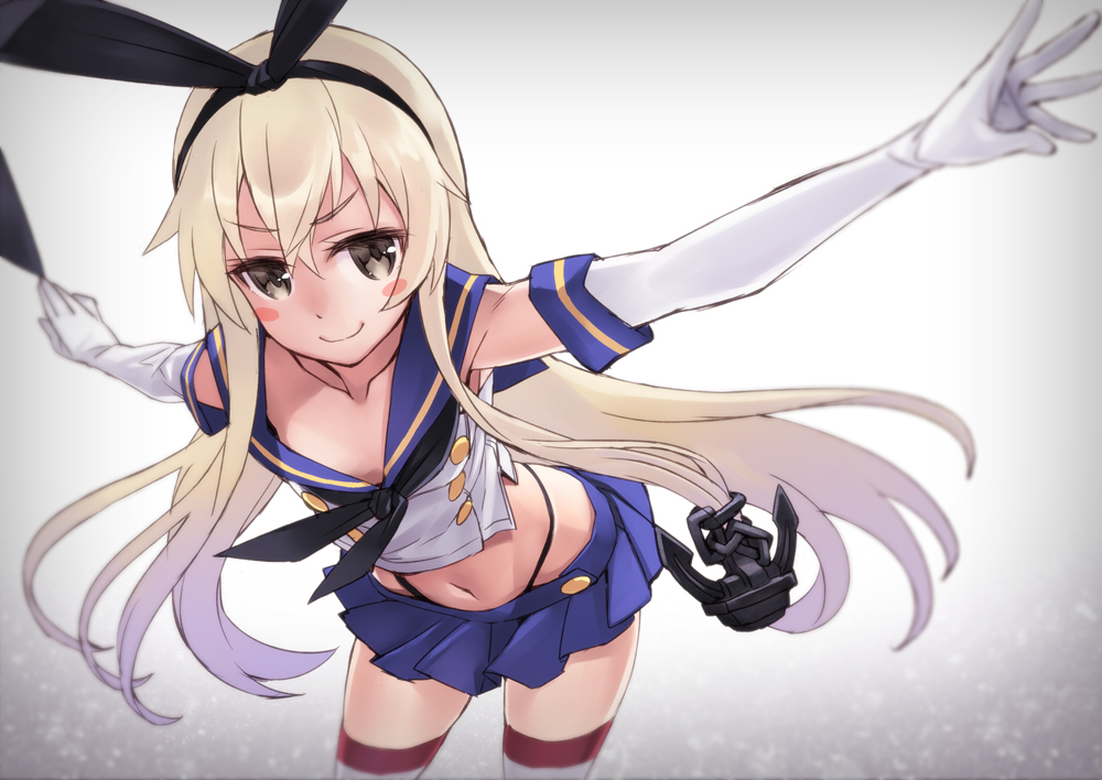 1girl anchor black_panties blonde_hair blush blush_stickers brown_eyes elbow_gloves gloves hair_ornament hairband kantai_collection long_hair looking_at_viewer matsuryuu navel panties personification shimakaze_(kantai_collection) skirt solo striped striped_legwear thighhighs underwear white_gloves zettai_ryouiki