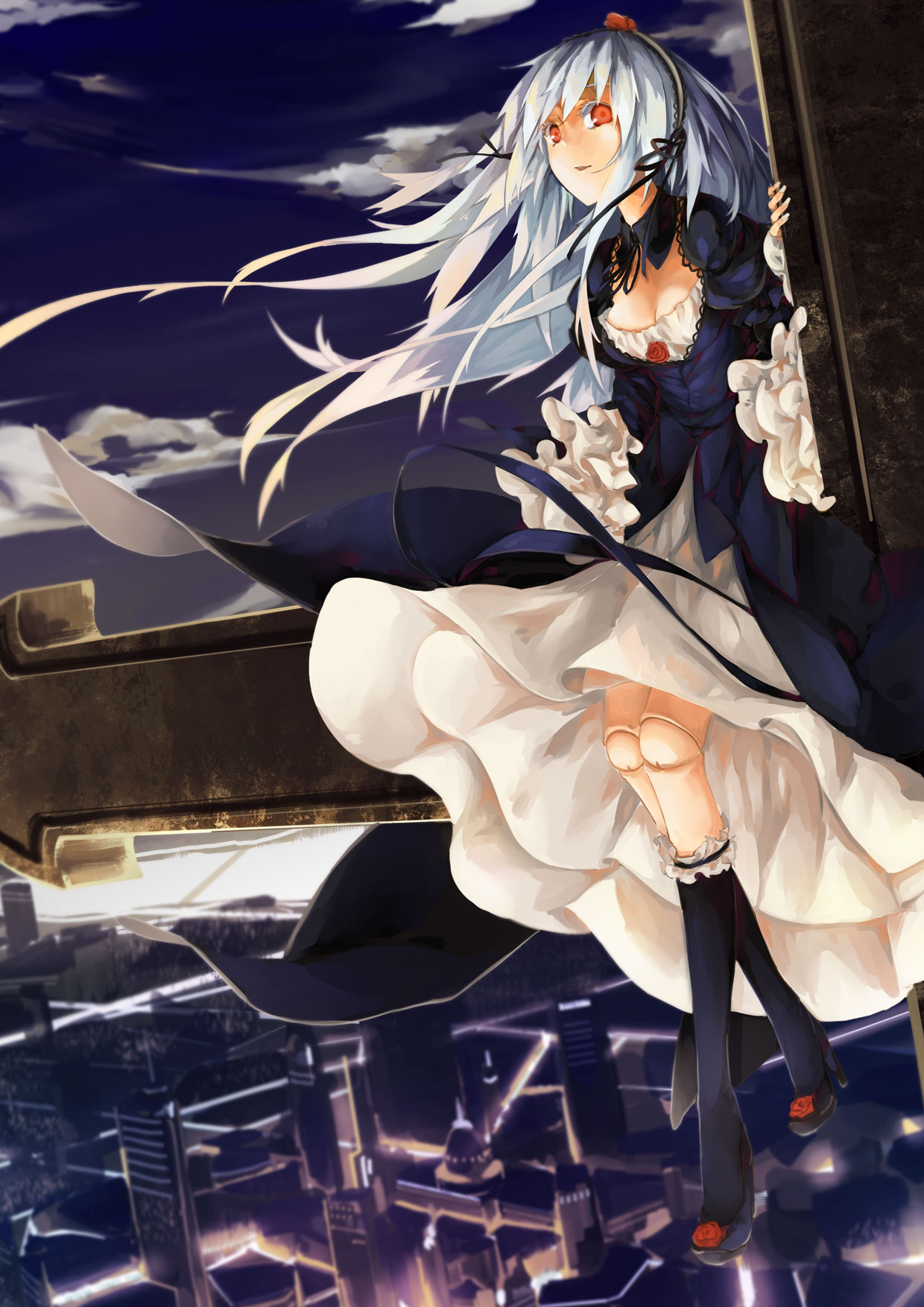 1girl breasts building city cleavage clouds cross detached_collar doll_joints dress feathers flower frills gothic_lolita grin hairband high_heels highres lolita_fashion lolita_hairband long_hair orokanahime red_eyes rose rozen_maiden silver_hair sitting skyscraper smile solo suigintou wings
