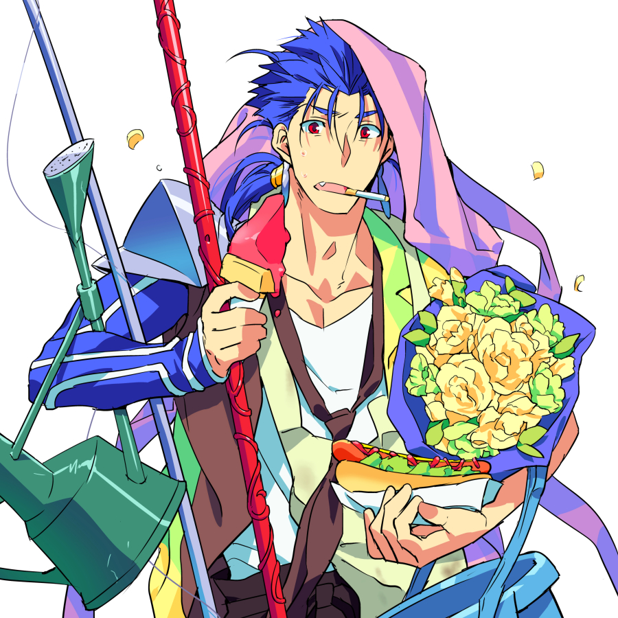 1boy armor blue_hair bouquet casual cigarette earrings fate/hollow_ataraxia fate/stay_night fate_(series) fishing_rod flower gae_bolg jewelry lancer long_hair multiple_persona polearm ponytail popsicle red_eyes sexy44 solo spear weapon