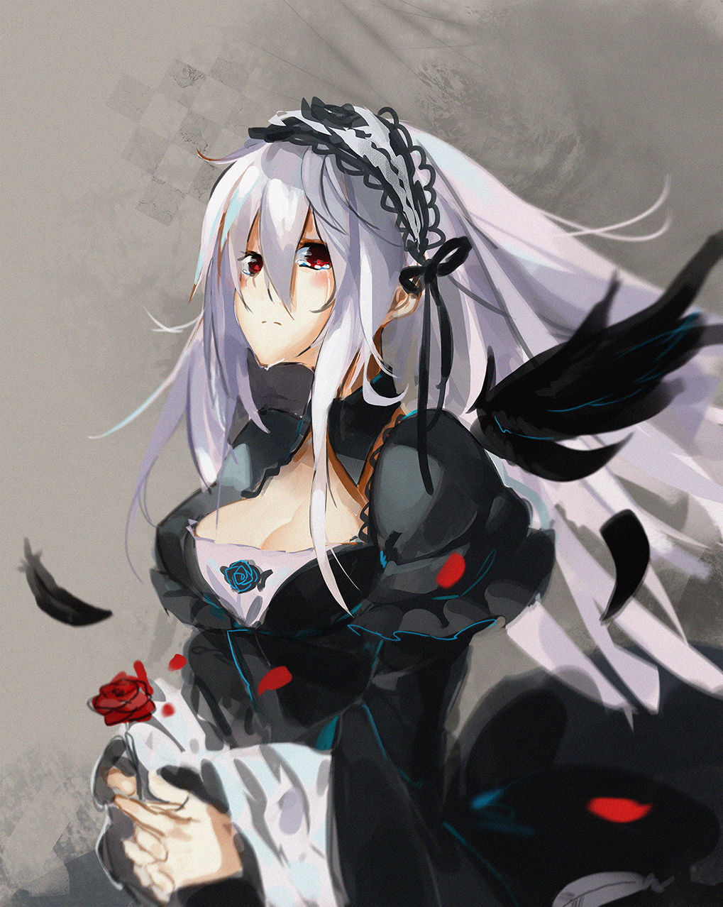 1girl breasts cleavage dress flower frown gothic_lolita hairband highres lolita_fashion lolita_hairband long_hair orokanahime petals red_eyes rose rozen_maiden silver_hair simple_background solo suigintou tears wings