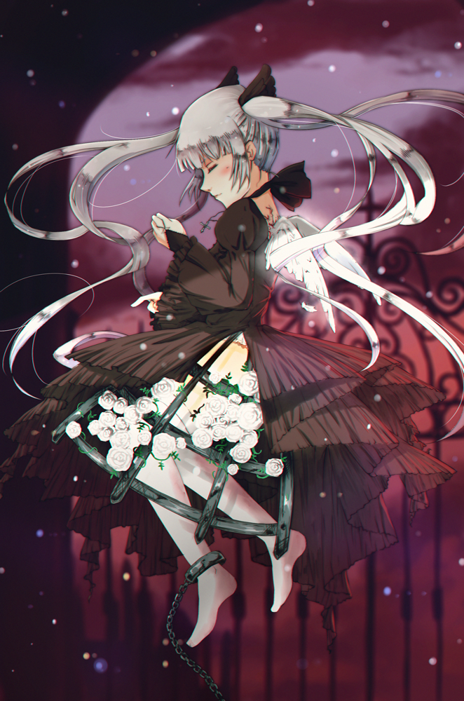 1girl black_dress chain chained dress flower rose roxiee-chan tagme twintails white_rose wings