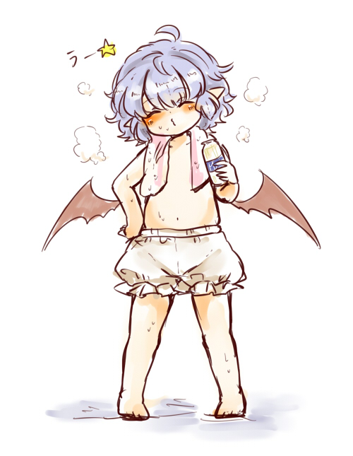 1girl barefoot bat_wings bloomers blue_hair bottle censored closed_eyes convenient_censoring maru_usagi milk_bottle pointy_ears remilia_scarlet simple_background solo topless touhou towel_around_neck translated underwear underwear_only uu~ wet white_background wings