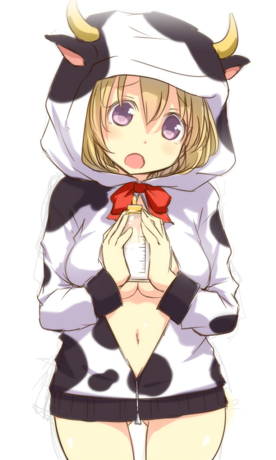 1girl alternate_costume animal_costume blonde_hair bottle bow cleavage_cutout cow_costume horns looking_at_viewer maribel_hearn navel open_mouth solo tori_(minamopa) touhou violet_eyes
