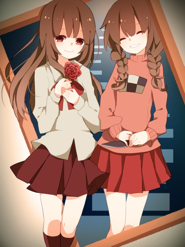 2girls bow braid brown_eyes brown_hair closed_eyes crossover door flower happy ib ib_(ib) kneehighs knife long_hair madotsuki multiple_girls painting_(object) pullover red_rose rose shirt skirt smile twin_braids uiyuzu_(uichoco) yume_nikki